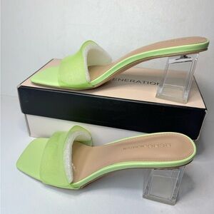 BCBGENERATION Womens Green Luckee Square Toe Slip On Heeled Sandal casual summer